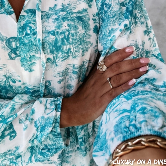 Boho Jungle Modest Ruffle Tie Mock Neck Long Sleeve Tiered Oversized Maxi Dress - Picture 6 of 10